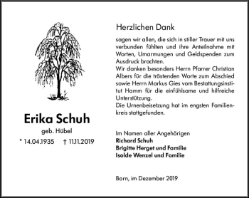 Traueranzeige von Erika Schuh von vrm-trauer