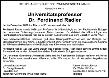 Traueranzeige von Ferdinand Radler von vrm-trauer