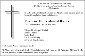 Traueranzeige von Ferdinand Radler von vrm-trauer