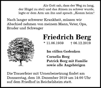 Traueranzeige von Friedrich Berg von vrm-trauer