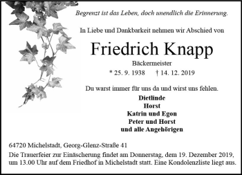 Traueranzeige von Friedrich Knapp von vrm-trauer