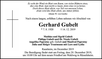 Traueranzeige von Gerhard Gubelt von vrm-trauer