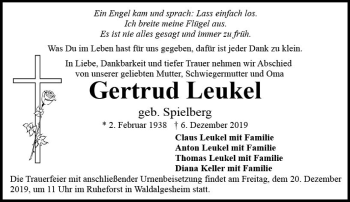 Traueranzeige von Gertrud Leukel von vrm-trauer