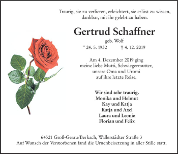 Traueranzeige von Gertrud Schaffner von vrm-trauer