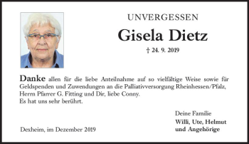 Traueranzeige von Gisela Dietz von vrm-trauer