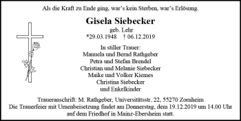 Traueranzeige von Gisela Siebecker von vrm-trauer