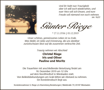 Traueranzeige von Günter Riege von vrm-trauer