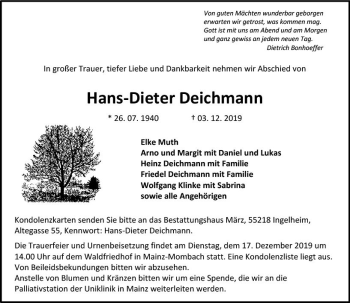 Traueranzeige von Hans-Dieter Deichmann von vrm-trauer