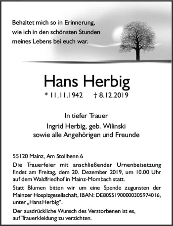 Traueranzeige von Hans Herbig von vrm-trauer