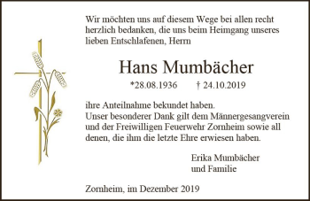 Traueranzeige von Hans Mumbächer von vrm-trauer