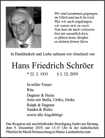 Traueranzeige von Hans Friedrich Schröer von vrm-trauer