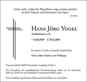 Traueranzeige von Hans Jörg Vogel von vrm-trauer
