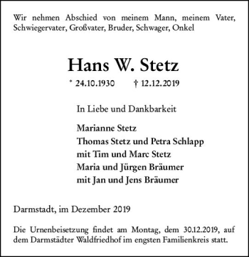 Traueranzeige von Hans W. Stetz von vrm-trauer Traueranzeige von Hans W. Stetz von vrm-trauer