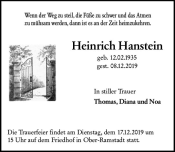 Traueranzeige von Heinrich Hanstein von vrm-trauer