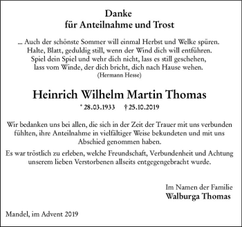 Traueranzeige von Heinrich Wilhelm Martin Thomas von vrm-trauer