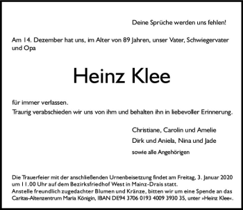 Traueranzeige von Heinz Klee von vrm-trauer