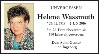 Traueranzeige von Helene Wassmuth von vrm-trauer