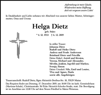 Traueranzeige von Helga Dietz von vrm-trauer