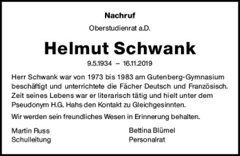 Traueranzeige von Helmut Schwank von vrm-trauer