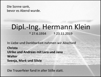Traueranzeige von Hermann Klein von vrm-trauer