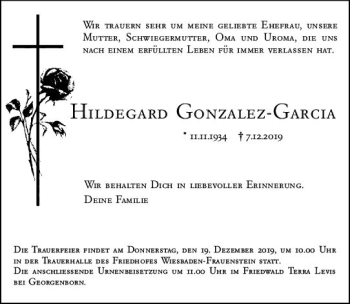 Traueranzeige von Hildegard Gonzalez-Garcia von vrm-trauer