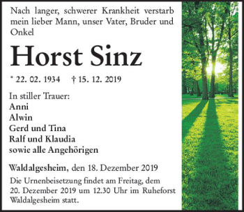 Traueranzeige von Horst Sinz von vrm-trauer