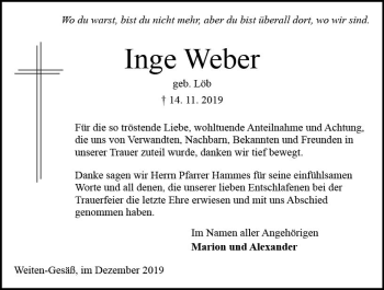 Traueranzeige von Inge Weber von vrm-trauer