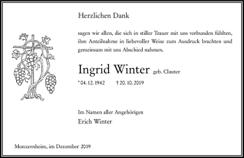 Traueranzeige von Ingrid Winter von vrm-trauer