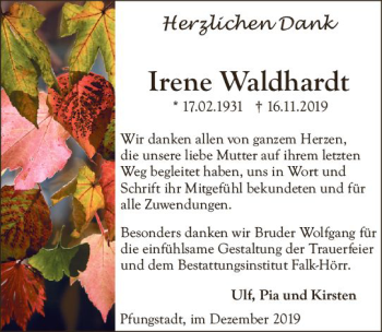 Traueranzeige von Irene Waldhardt von vrm-trauer