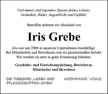 Traueranzeige von Iris Grebe von  Hinterländer Anzeiger
