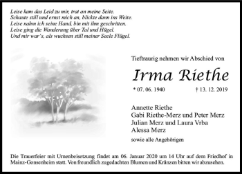 Traueranzeige von Irma Riethe von vrm-trauer