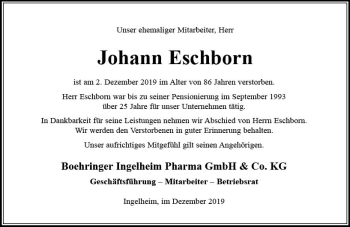 Traueranzeige von Johann Eschborn von vrm-trauer