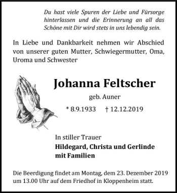 Traueranzeige von Johanna Feitscher von vrm-trauer