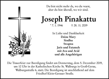Traueranzeige von Joseph Pinakattu von vrm-trauer