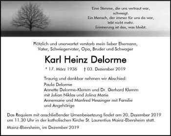 Traueranzeige von Karl Heinz Delorme von vrm-trauer