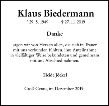 Traueranzeige von Klaus Biedermann von vrm-trauer