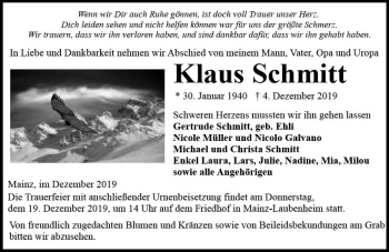 Traueranzeige von Klaus Schmitt von vrm-trauer