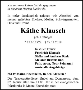 Traueranzeige von Käthe Klausch von vrm-trauer
