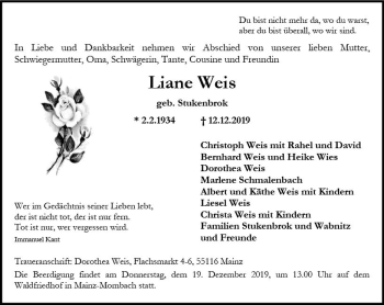 Traueranzeige von Liane Weis von vrm-trauer