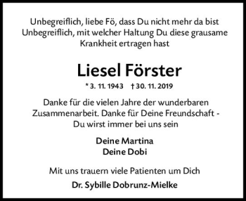 Traueranzeige von Liesel Förster von vrm-trauer