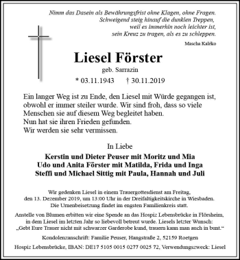 Traueranzeige von Liesel Förster von vrm-trauer