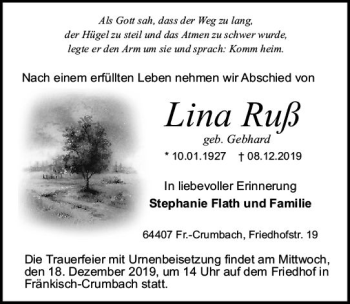 Traueranzeige von Lina Ruß von vrm-trauer