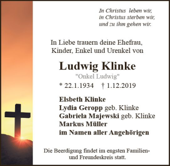 Traueranzeige von Ludwig Klinke von vrm-trauer