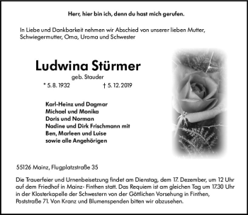 Traueranzeige von Ludwina Stürmer von vrm-trauer