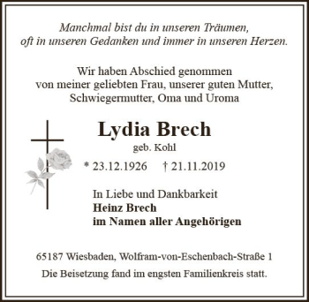 Traueranzeige von Lydia Brech von vrm-trauer