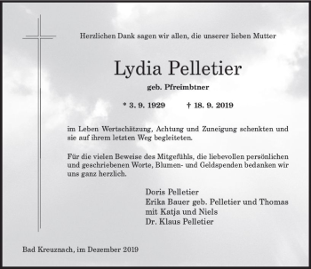 Traueranzeige von Lydia Pelletier von vrm-trauer