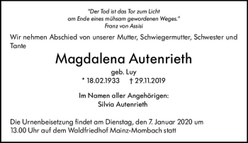Traueranzeige von Magdalena Autenrieth von vrm-trauer