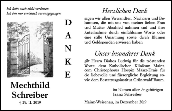 Traueranzeige von Mechthild Schreiber von vrm-trauer