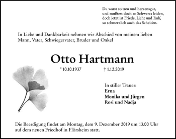 Traueranzeige von Otto Hartmann von vrm-trauer