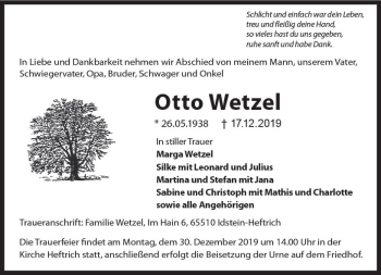 Traueranzeige von Otto Wetzel von vrm-trauer